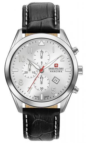 Серебристый швейцарский хронограф SWISS MILITARY HANOWA 06-4316.04.001 Helvetus Chrono с датой на черном кожаном ремне.