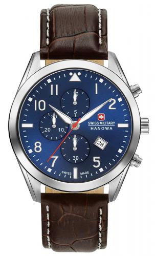 Спортивный швейцарский хронограф SWISS MILITARY HANOWA 06-4316.04.003 Helvetus Chrono синий циферблат на ремешке.