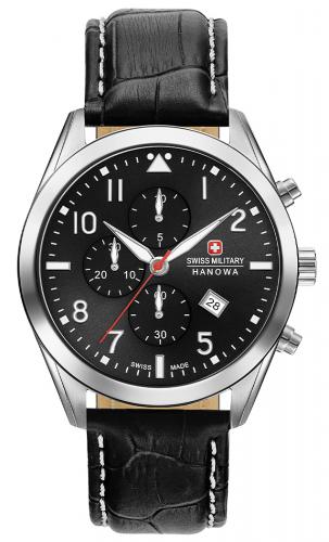 Спортивный швейцарский хронограф SWISS MILITARY HANOWA 06-4316.04.007 Helvetus Chrono черный на кожаном ремешке.