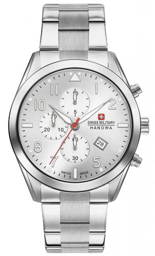 Серебристый швейцарский хронограф SWISS MILITARY HANOWA 06-5316.04.001 Helvetus Chrono с датой на стальном браслете.