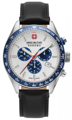 Швейцарский ретро хронограф SWISS MILITARY HANOWA 06-4334.04.001.03 Phantom Chrono II бело-синий, дата, черный ремень.