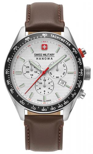 Швейцарский ретро хронограф SWISS MILITARY HANOWA 06-4334.04.001 Phantom Chrono II белый с датой, коричневый ремень.