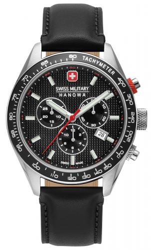Швейцарский ретро хронограф SWISS MILITARY HANOWA 06-4334.04.007 Phantom Chrono II черный с датой на кожаном ремне.
