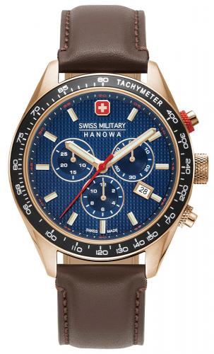 Позолоченый швейцарский ретро хронограф SWISS MILITARY HANOWA 06-4334.09.003 Phantom Chrono II rose gold синий на ремне.