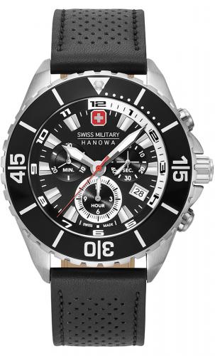 Спортивный швейцарский хронограф SWISS MILITARY HANOWA 06-4341.04.007 Ambassador Chrono черный на перфорированном ремне.