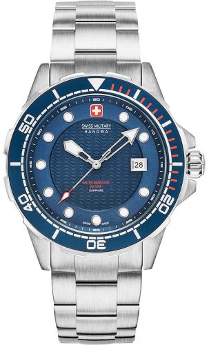 Дайверские швейцарские часы SWISS MILITARY HANOWA 06-5315.04.003 Neptune Diver 20 ATM синие на стальном браслете.