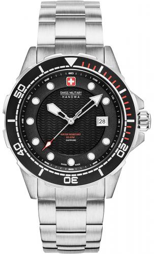 Стальные дайверские швейцарские часы SWISS MILITARY HANOWA 06-5315.04.007 Neptune Diver 20 ATM, черный циферблат.