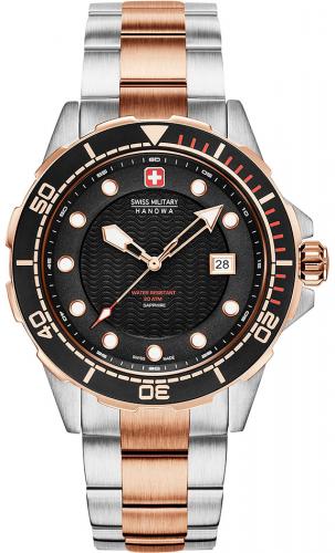 Биколорные дайверские швейцарские часы SWISS MILITARY HANOWA 06-5315.12.007 Neptune Diver 20 ATM, IP rose gold, черные.