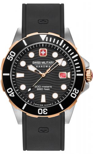 Дайверские швейцарские часы SWISS MILITARY HANOWA 06-4338.12.007 Offshore Diver 660 ft. черные IP rose gold на полимере.