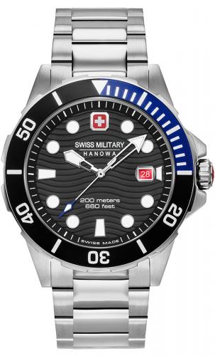 Дайверские швейцарские часы SWISS MILITARY HANOWA 06-5338.04.007.03 Offshore Diver 200 m. серо-черные с датой, браслет.
