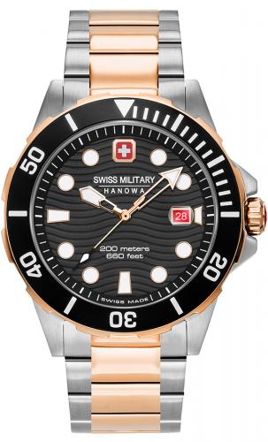 Дайверские швейцарские часы SWISS MILITARY HANOWA 06-5338.12.007 Offshore Diver 660 ft. биколор IP rose gold на браслете.