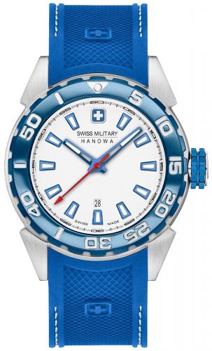 Швейцарские часы для дайвинга SWISS MILITARY HANOWA 06-4323.04.001 Scuba Diver 660 feet бело-синие с датой на полимере.