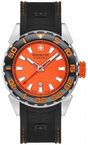 Швейцарские часы для дайвинга SWISS MILITARY HANOWA 06-4323.04.079 Scuba Diver 660 ft. черно-оранжевые с датой, полимер.