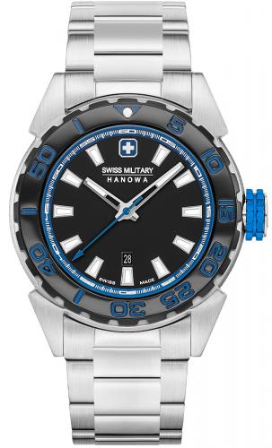 Стальные швейцарские часы для дайвинга SWISS MILITARY HANOWA 06-5323.04.007.23 Scuba Diver 660 ft. черно-синие с датой.