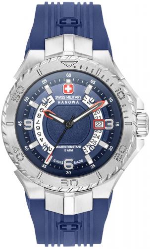 Спортивные швейцарские часы SWISS MILITARY HANOWA 06-4327.04.003 Seaman 5 Atm синие с датой на силиконовом ремешке.