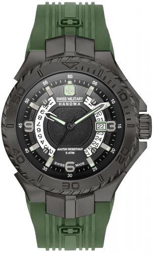 Спортивные швейцарские часы SWISS MILITARY HANOWA 06-4327.13.007.06 Seaman 5 Atm черные IP black на зеленом полимере.