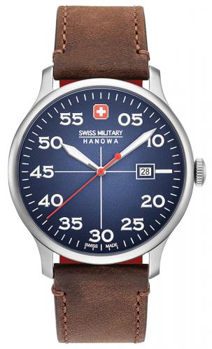 Мужские швейцарские часы SWISS MILITARY HANOWA 06-4326.04.003 Active Duty синие с датой на коричневом кожаном ремешке.