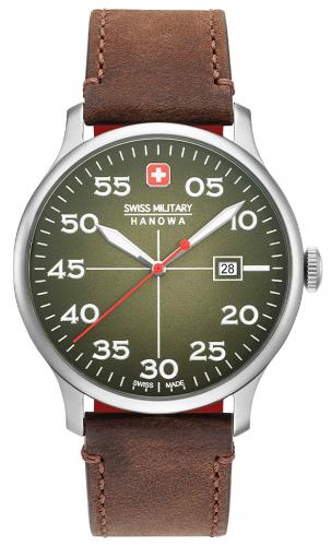 Мужские швейцарские часы SWISS MILITARY HANOWA 06-4326.04.006 Active Duty зеленые с датой на коричневом кожаном ремешке.