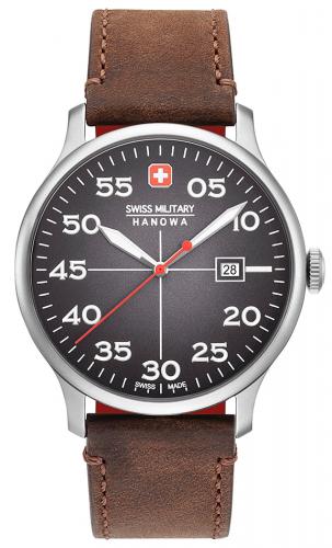 Мужские швейцарские часы SWISS MILITARY HANOWA 06-4326.04.009 Active Duty серые с датой на коричневом кожаном ремешке.