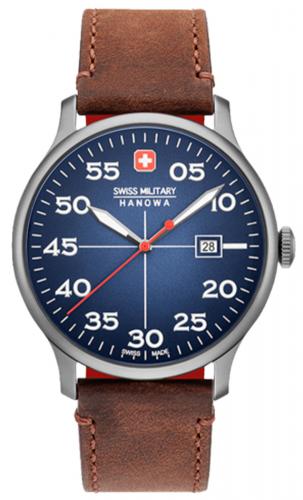 Мужские швейцарские часы SWISS MILITARY HANOWA 06-4326.30.003 Active Duty синие IP grey на коричневом патинированном ремне.