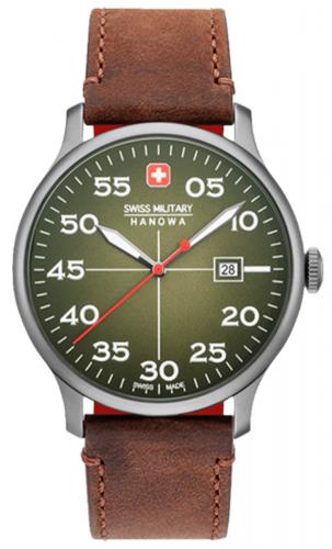 Мужские швейцарские часы SWISS MILITARY HANOWA 06-4326.30.006 Active Duty IP grey с зеленым циферблатом на кожаном ремне.