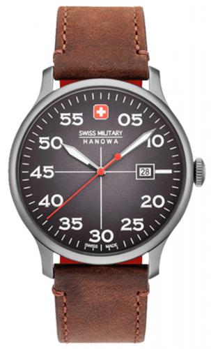 Мужские швейцарские часы SWISS MILITARY HANOWA 06-4326.30.009 Active Duty серые IP grey на коричневом кожаном ремешке.