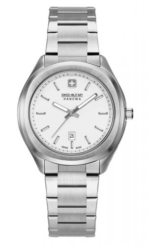 Серебристые женские швейцарские часы SWISS MILITARY HANOWA 06-7339.04.001 Alpina белые с датой на стальном браслете.