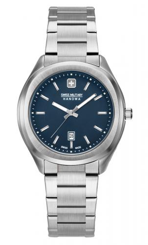 Элегантные женские швейцарские часы SWISS MILITARY HANOWA 06-7339.04.003 Alpina синие с датой на стальном браслете.