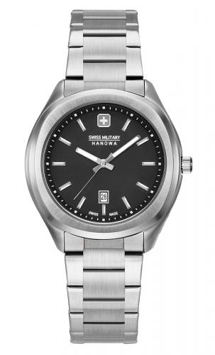 Стильные женские швейцарские часы SWISS MILITARY HANOWA 06-7339.04.007 Alpina черные с датой на стальном браслете.