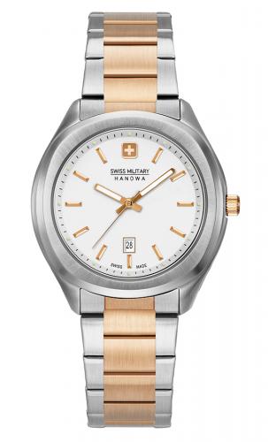 Биколорные rose gold женские швейцарские часы SWISS MILITARY HANOWA 06-7339.12.001 Alpina дата на белом циферблате, браслет.