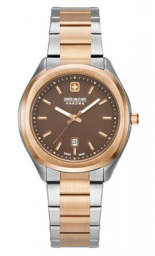 Биколорные rose gold женские швейцарские часы SWISS MILITARY HANOWA 06-7339.12.005 Alpina дата, коричневый циферблат, браслет.