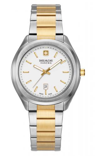 Биколорные gold женские швейцарские часы SWISS MILITARY HANOWA 06-7339.55.001 Alpina дата на белом циферблате, браслет.