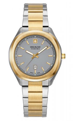 Биколорные gold женские швейцарские часы SWISS MILITARY HANOWA 06-7339.55.009 Alpina с датой на сером циферблате, браслет.