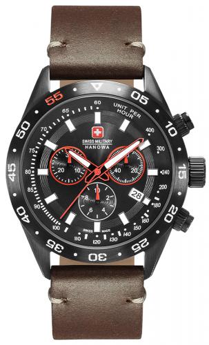 Мужской швейцарский хронограф SWISS MILITARY HANOWA 06-4318.13.007 Challenger PRO черный IP black на кожаном ремне.