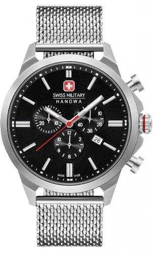 Швейцарский хронограф SWISS MILITARY HANOWA 06-3332.04.007 Chrono Classic II на миланском браслете с черным циферблатом.