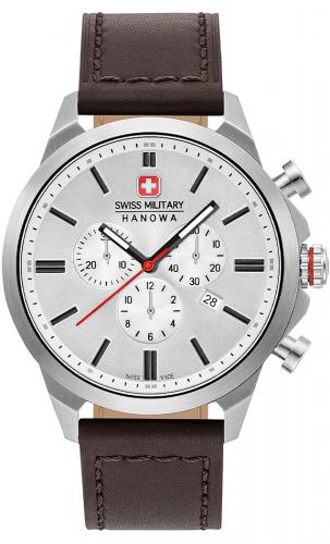 Серебристый швейцарский хронограф SWISS MILITARY HANOWA 06-4332.04.001 Chrono Classic II на коричневом кожаном ремне.