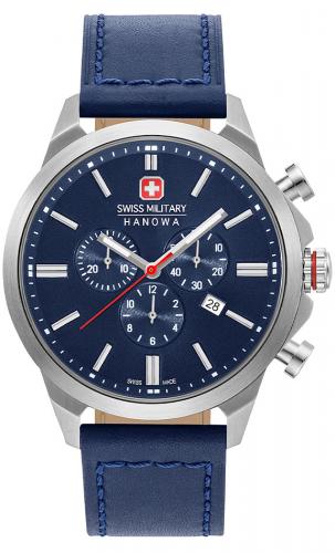 Швейцарский хронограф SWISS MILITARY HANOWA 06-4332.04.003 Chrono Classic II с синим циферблатом и кожаным ремнем.