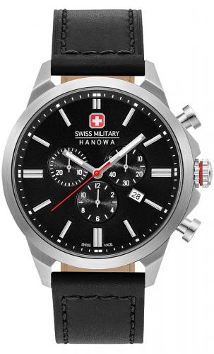 Швейцарский хронограф SWISS MILITARY HANOWA 06-4332.04.007 Chrono Classic II с черным циферблатом и кожаным ремнем.