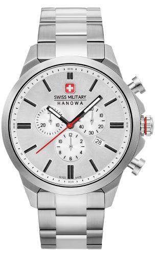 Серебристый швейцарский хронограф SWISS MILITARY HANOWA 06-5332.04.001 Chrono Classic II с датой на стальном браслете.