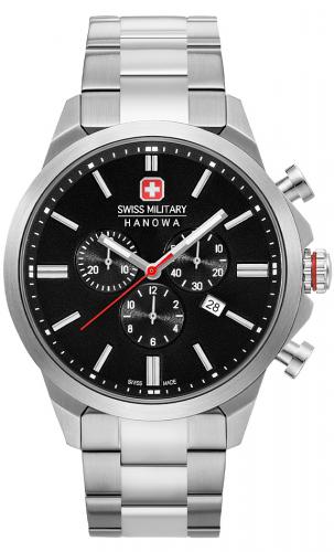 Швейцарский хронограф SWISS MILITARY HANOWA 06-5332.04.007 Chrono Classic II с черным циферблатом на стальном браслете.