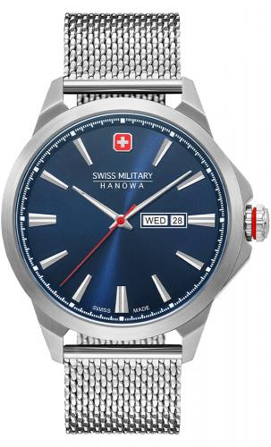 Швейцарские часы SWISS MILITARY HANOWA 06-3346.04.003 Day Date Classic синие с датой и днем недели на миланском браслете.