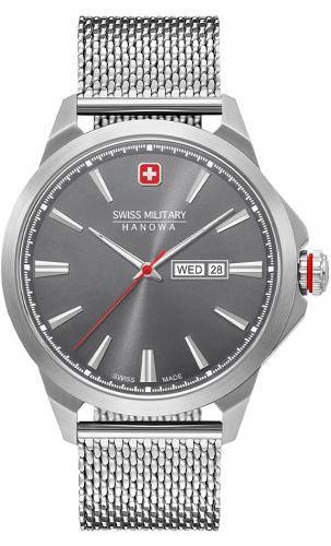 Швейцарские часы SWISS MILITARY HANOWA 06-3346.04.009 Day Date Classic серые с датой и днем недели на миланском браслете.