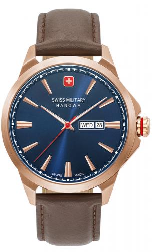 Швейцарские часы SWISS MILITARY HANOWA 06-4346.02.003 Day Date Classic синие IP rose gold, с датой и днем недели на ремешке.