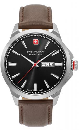 Швейцарские часы SWISS MILITARY HANOWA 06-4346.04.007 Day Date Classic черные, дата и день недели, на коричневом ремешке.