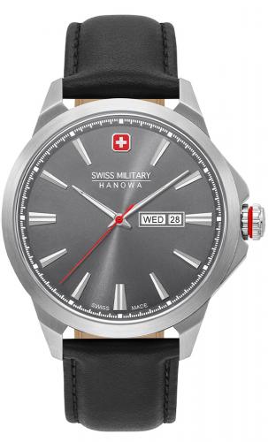 Швейцарские часы SWISS MILITARY HANOWA 06-4346.04.009 Day Date Classic серые с датой и днем недели на кожаном черном ремне.
