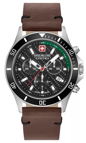 Спортивный швейцарский хронограф SWISS MILITARY HANOWA 06-4337.04.007.06 Flagship Racer Chrono черно-зеленый, дата, на коже.