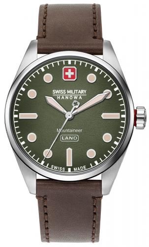 Мужские швейцарские часы SWISS MILITARY HANOWA 06-4345.7.04.006 Mountaineer зеленые на коричневом кожаном ремне.