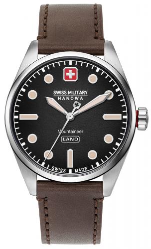 Мужские швейцарские часы SWISS MILITARY HANOWA 06-4345.7.04.007.05 Mountaineer черные на коричневом кожаном ремне.