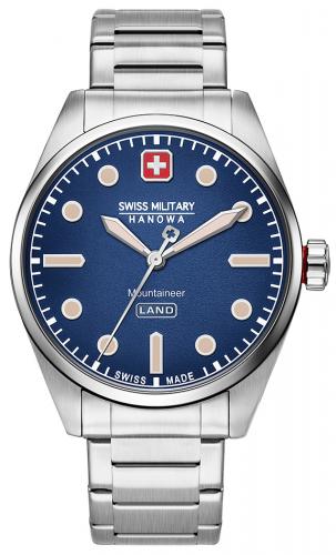 Серебристые швейцарские часы SWISS MILITARY HANOWA 06-5345.7.04.003 Mountaineer с синим циферблатом, браслет.