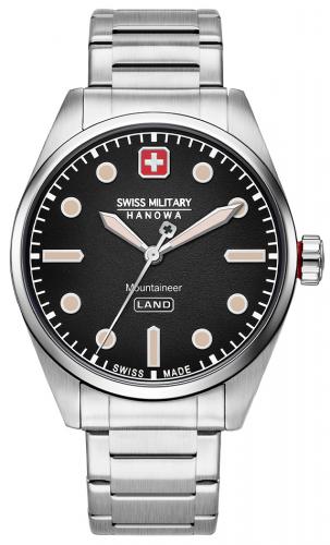 Серебристые швейцарские часы SWISS MILITARY HANOWA 06-5345.7.04.007 Mountaineer, черный циферблат, браслет.